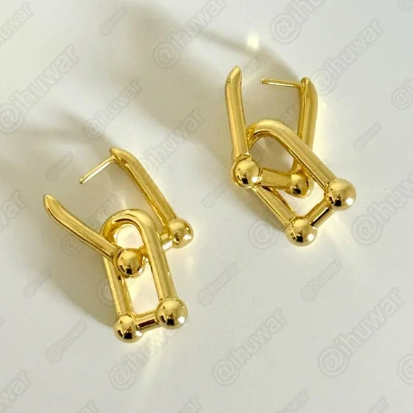 925 Sterling Gold U Link 14K Gold Plated Hardware Chunky Earrings - Picture 7 of 9